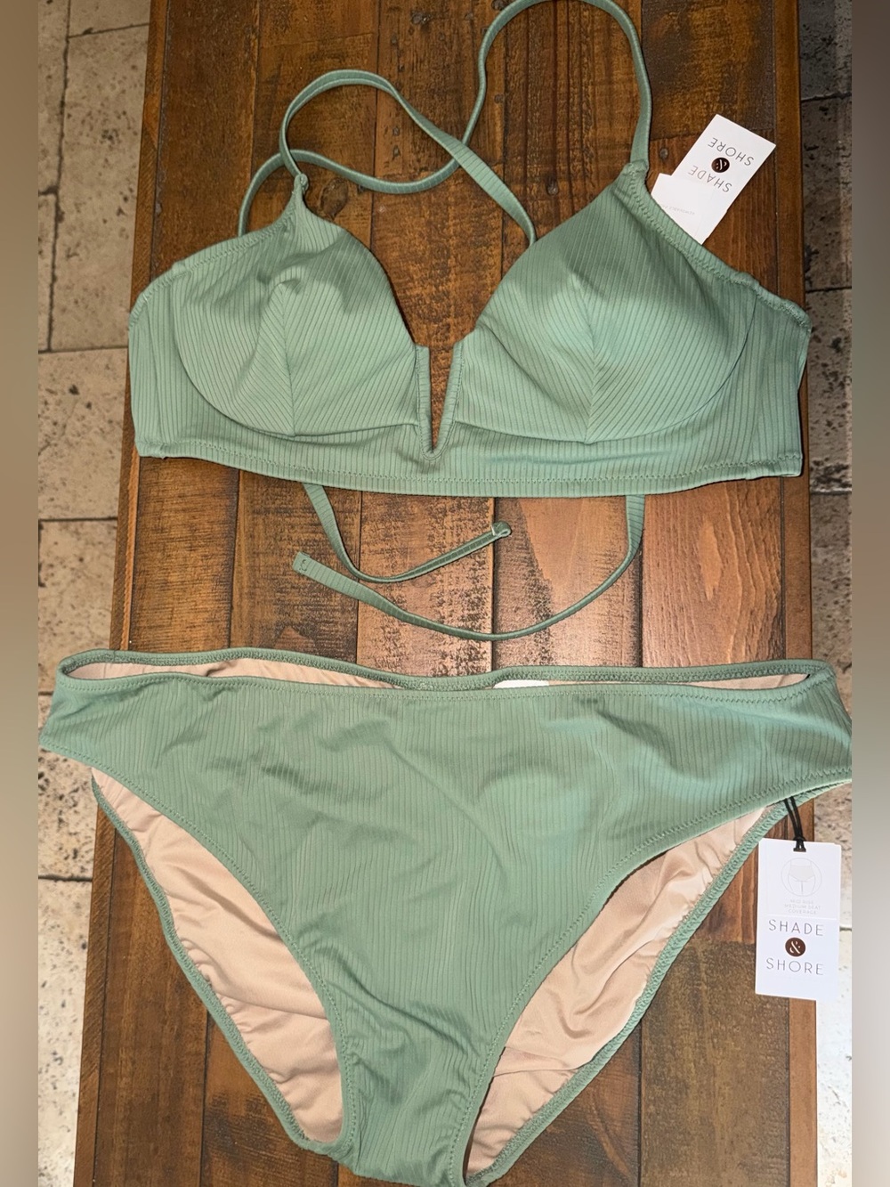 Shade & Shore Sage Green Ribbed V-Notch Bikini Set